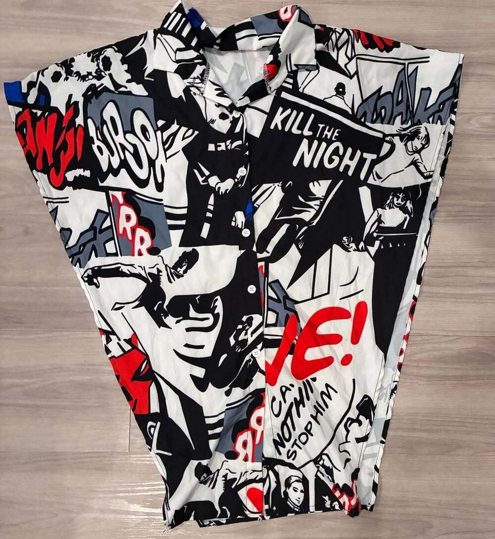 Women’s Comic Print Short Sleeve Button Down Cape Blouse Open Sides
